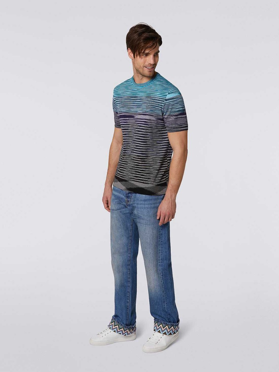 Uomini Missoni Polo E Magliette | T-Shirt Girocollo A Maniche Corte In Maglia Di Cotone Con Righe Degrade Blu, Viola E Nero