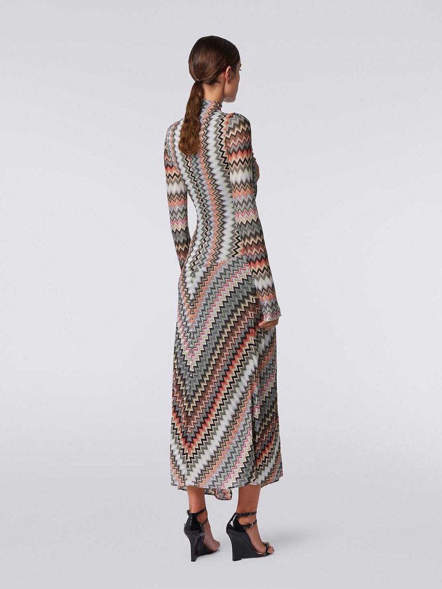 Donne Missoni Vestiti | Abito Lungo In Viscosa E Cotone A Zig Zag Con Dettaglio Cut-Out E Spacco Multicolore