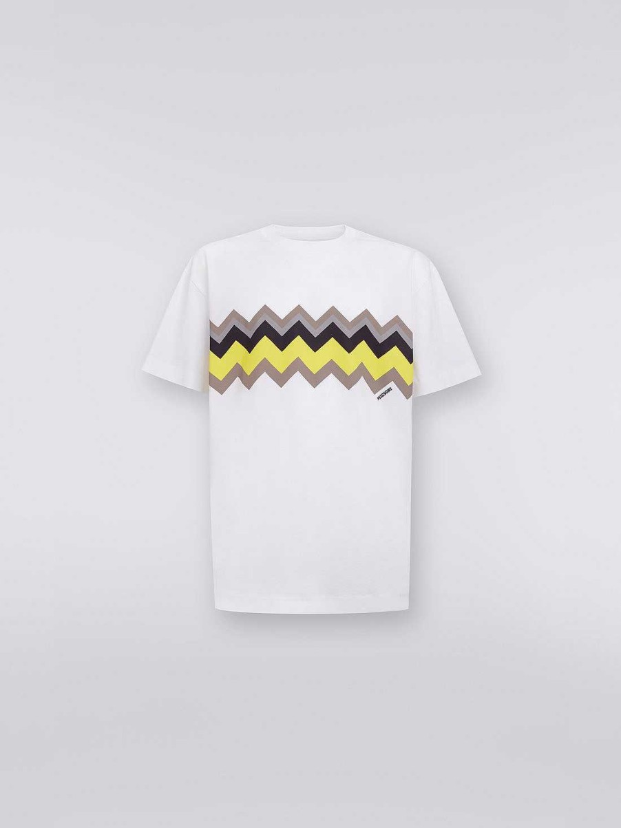 Uomini Missoni Polo E Magliette | T-Shirt Girocollo In Jersey Di Cotone A Zig Zag Bianco, Giallo E Grigio