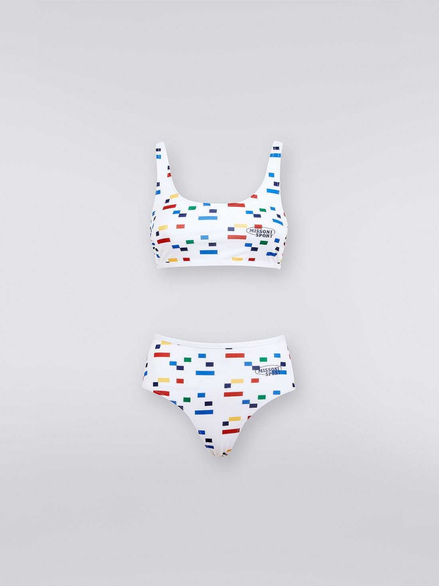 Donne Missoni Costumi Da Bagno | Bikini Sportivo In Tessuto Tecnico Elasticizzato Con Stampa Pixel Patrimonio Bianco E Multicolore