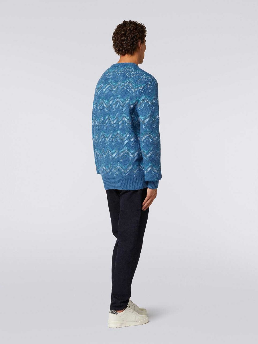 Uomini Missoni Maglieria | Maglia Girocollo In Misto Cotone Con Motivo Zigzag Bianco E Blu Navy