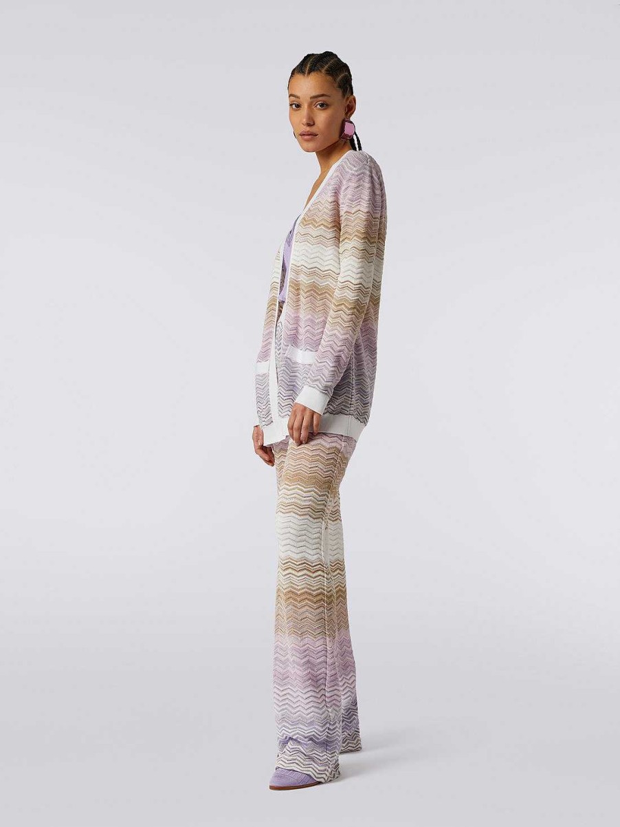 Donne Missoni Maglieria | Cardigan Lungo Chevron In Cotone E Viscosa Con Cintura Multicolore