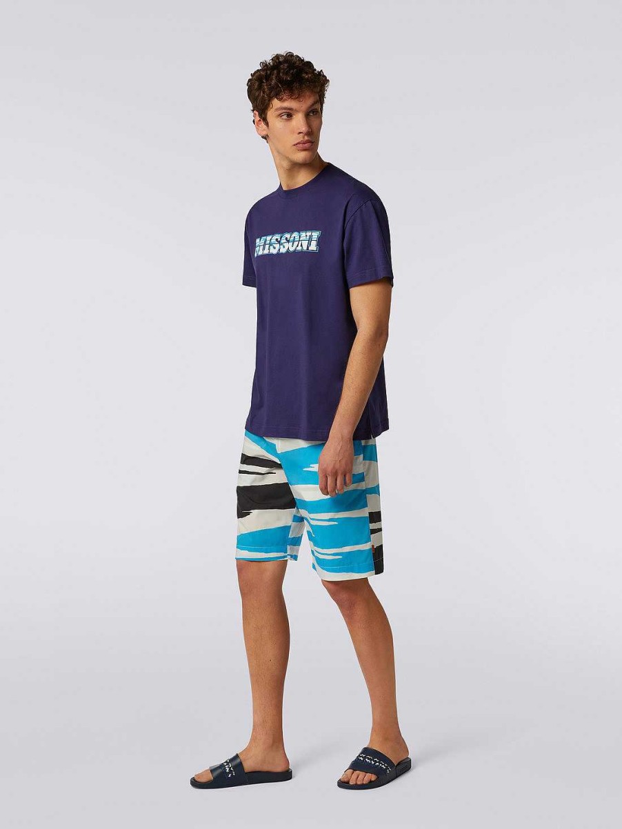 Uomini Missoni Polo E Magliette | T-Shirt Girocollo In Jersey Di Cotone Con Stampa Logo Blu