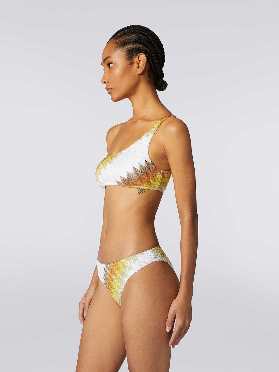 Donne Missoni Costumi Da Bagno | Bikini Monospalla Con Zigzag E Lame Bianco, Giallo E Ocra