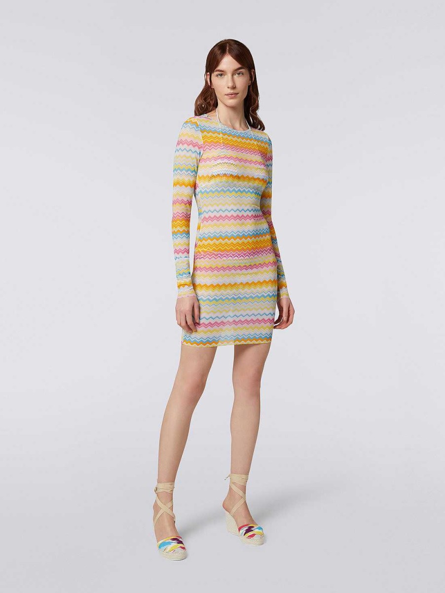 Donne Missoni Abbigliamento Da Spiaggia | Miniabito Coprente In Tulle Con Stampa Zigzag Multicolore