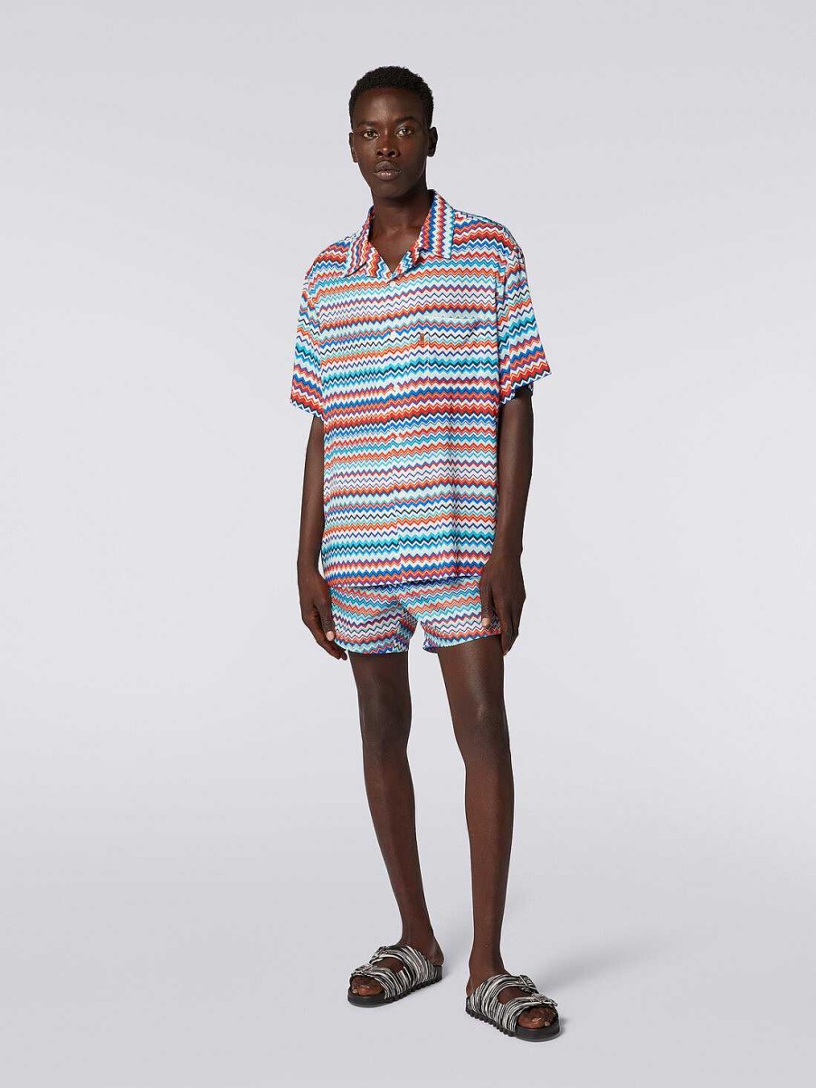 Uomini Missoni Camicie | Maglia Bowling A Maniche Corte In Viscosa A Zig Zag Multicolore