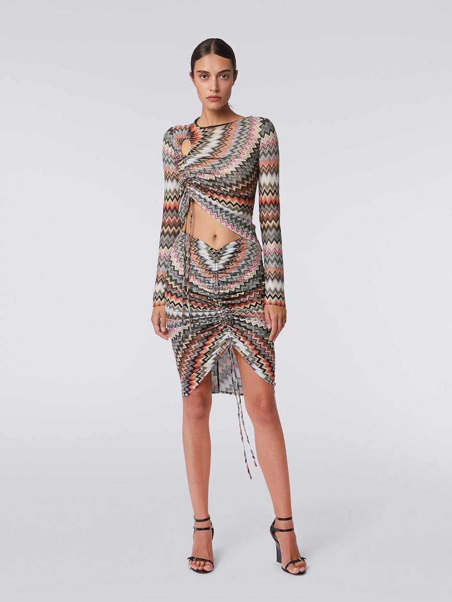 Donne Missoni Gonne | Gonna Midi In Viscosa E Cotone Zig Zag Con Arricciature Multicolore