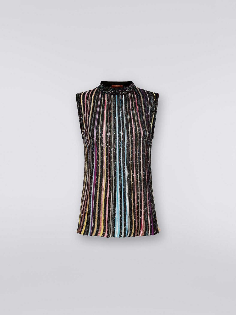 Donne Missoni T-Shirt E Top | Top Smanicato In Cotone Con Paillettes Nero E Multicolore