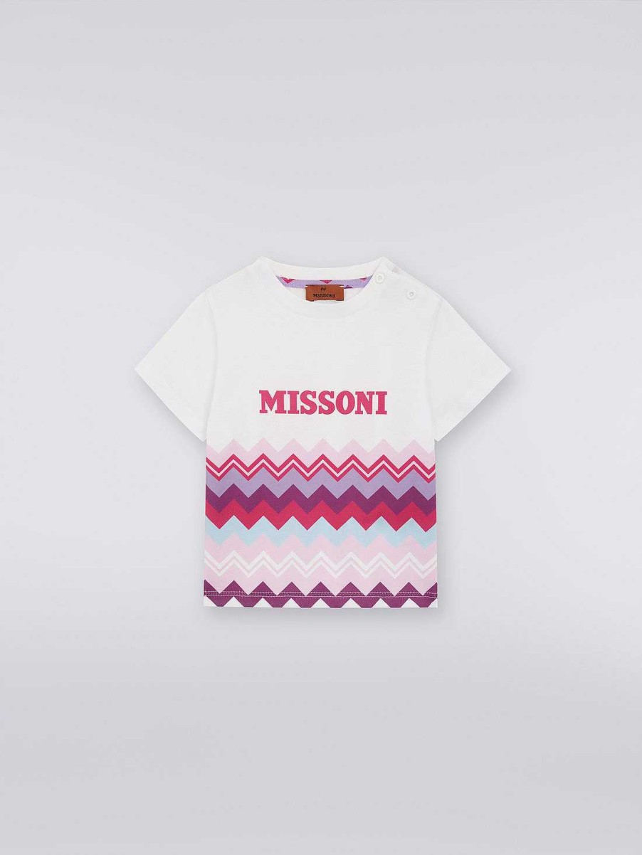 Ragazza (4-14 Anni) Missoni | T-Shirt In Cotone A Maniche Corte Con Zigzag E Logo Bianco