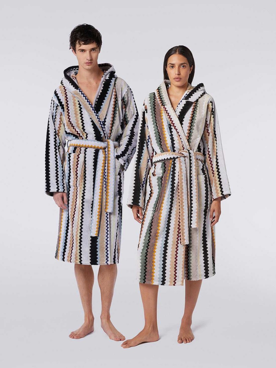 Donne Missoni Accappatoi | Accappatoio Lungo Con Cappuccio In Spugna Di Cotone Curt Chevron Nero