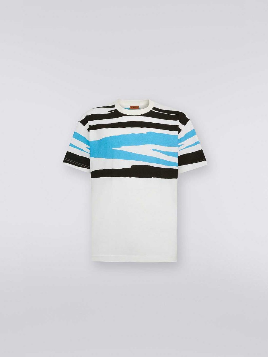 Uomini Missoni Polo E Magliette | T-Shirt Girocollo In Jersey Di Cotone Fiammato Bianco, Nero E Blu