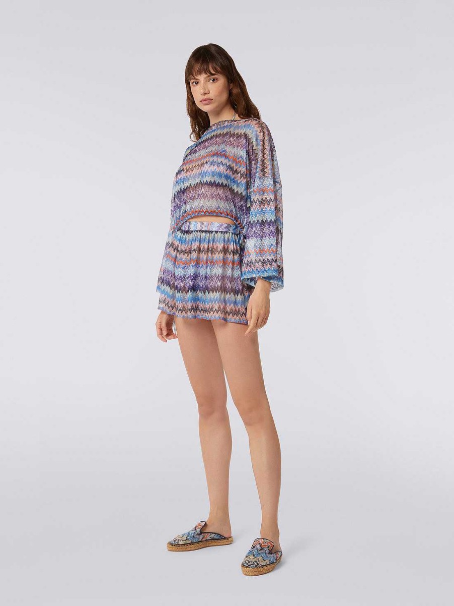 Donne Missoni Abbigliamento Da Spiaggia | Shorts Copricostume In Tulle Di Viscosa Chevron Chevron Ombra Blu