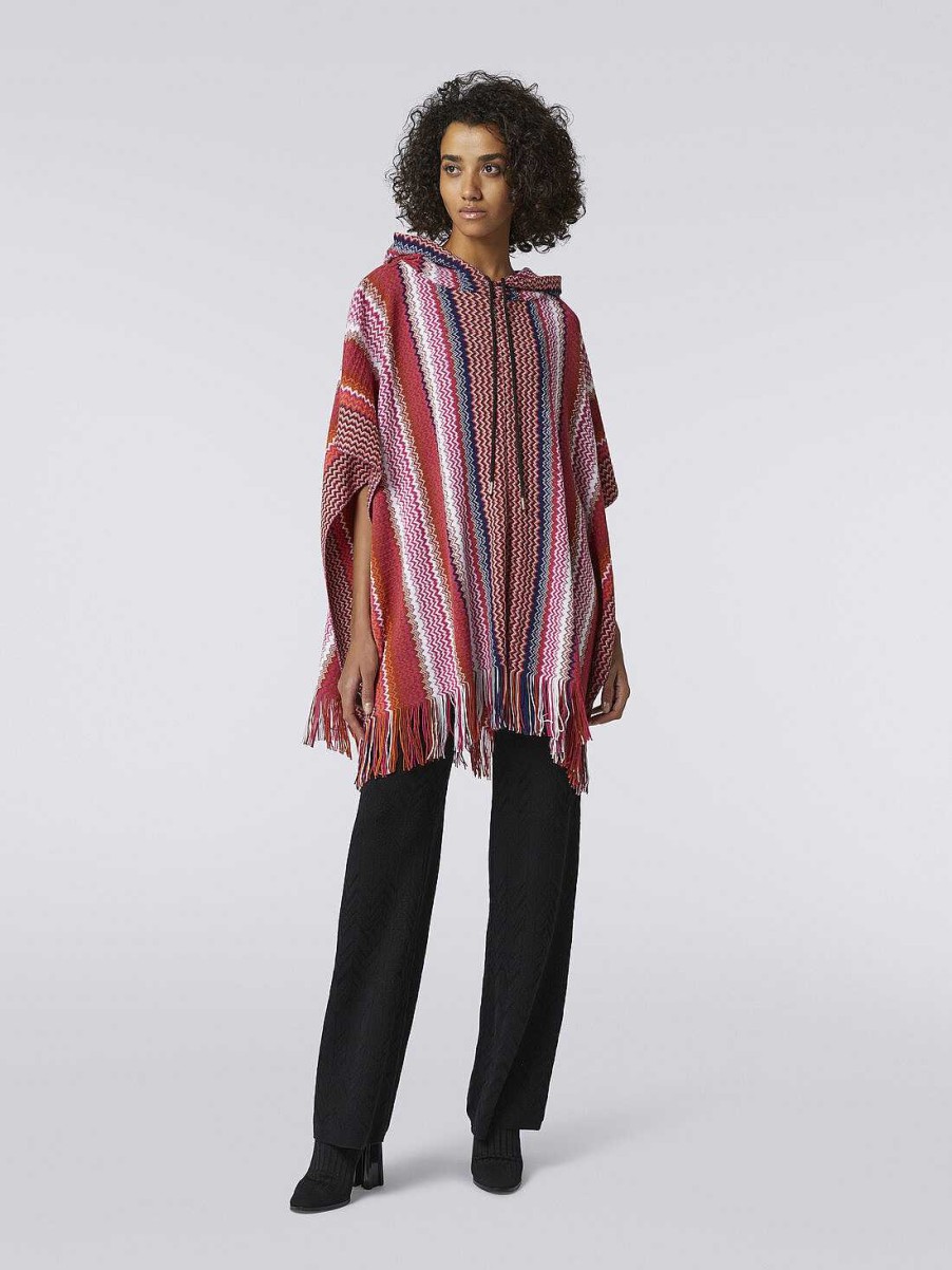 Donne Missoni Cappotti E Giacche | Poncho In Misto Lana A Zig Zag Con Bordo Sfrangiato Multicolore