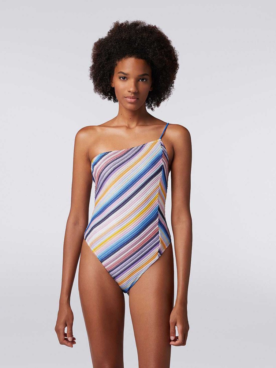 Donne Missoni Costumi Da Bagno | Costume Intero Monospalla In Uncinetto Rigato Multicolore