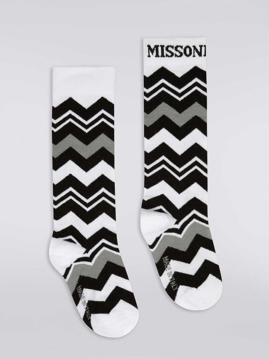 Ragazza (4-14 Anni) Missoni | Calzini In Misto Cotone A Zigzag Nero Bianco