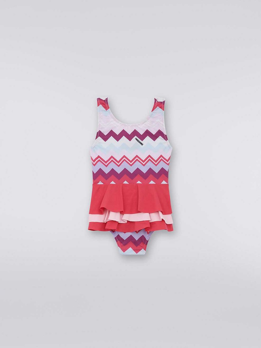 Ragazza (4-14 Anni) Missoni | Costume Da Bagno Intero Con Volant E Motivo A Zigzag Multicolore