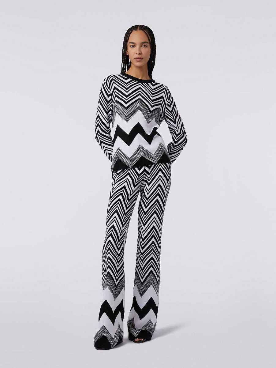 Donne Missoni Maglieria | Maglia Girocollo In Misto Cotone A Zigzag Nero Bianco