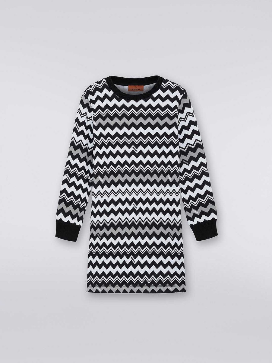 Ragazza (4-14 Anni) Missoni | Abito In Cotone A Maniche Lunghe Con Zig Zag Nero Bianco