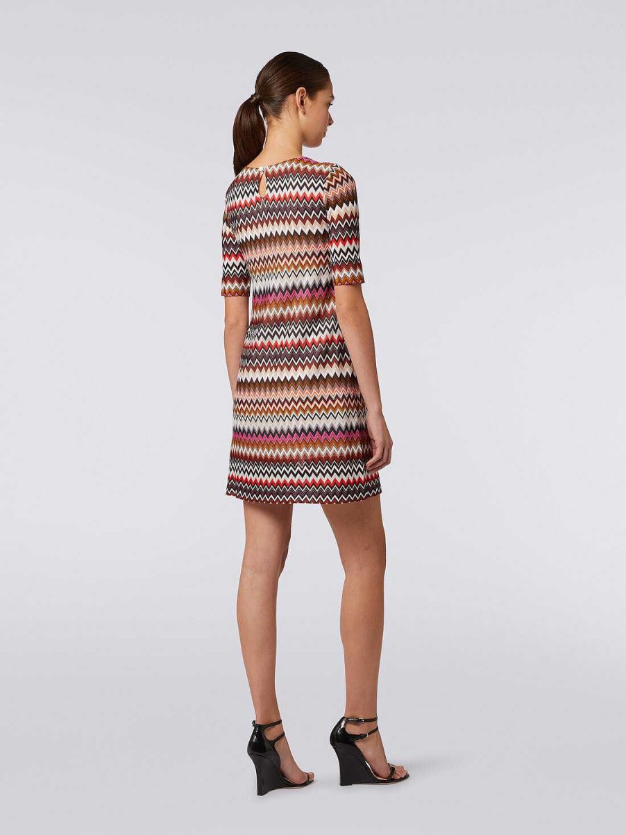 Donne Missoni Vestiti | Mini Abito In Viscosa A Maniche Corte Con Motivo Zigzag Multicolore