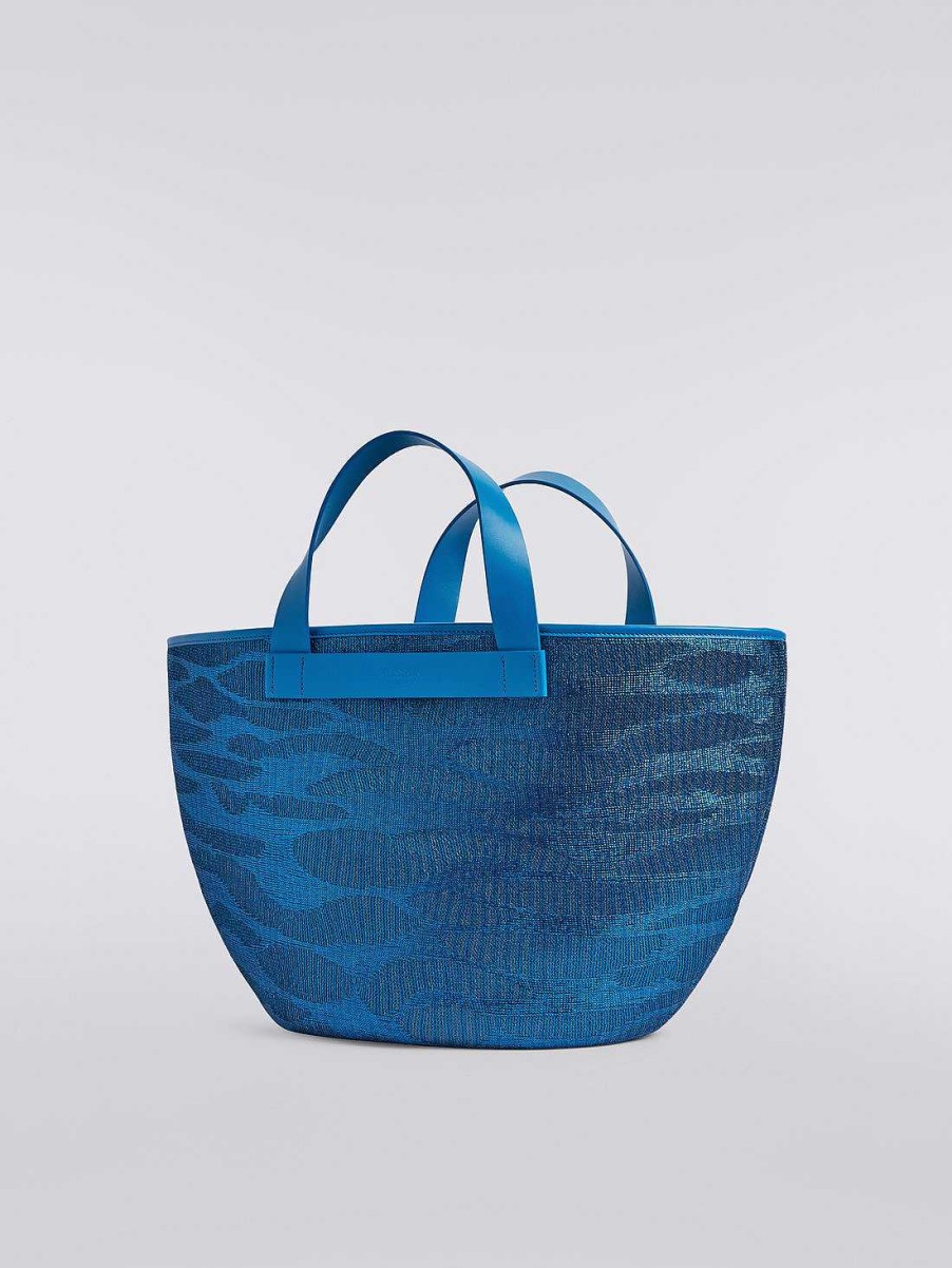 Donne Missoni Borse | Borsa Tote In Maglia Di Viscosa Jacquard Con Manici In Pelle Blu