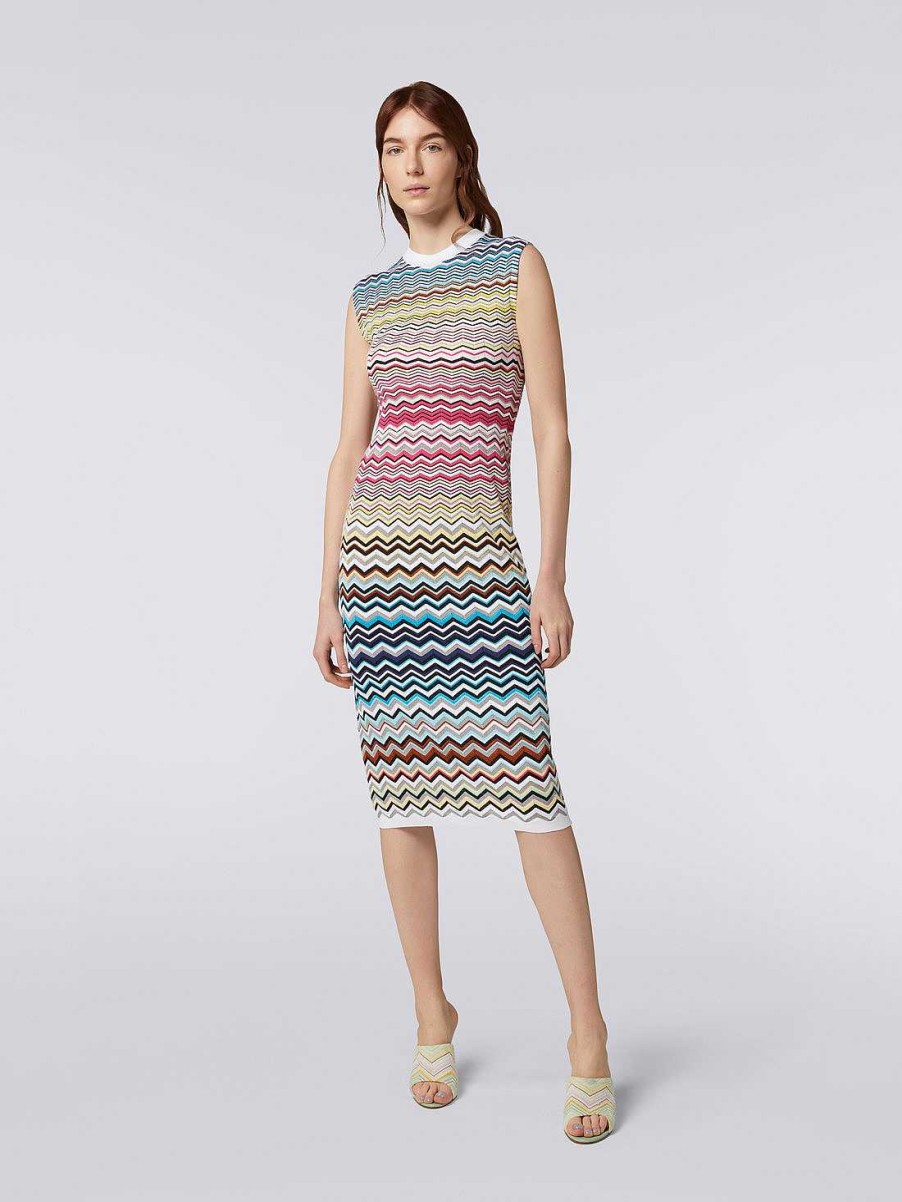 Donne Missoni Vestiti | Abito Longuette Senza Maniche In Cotone E Viscosa Chevron Multicolore