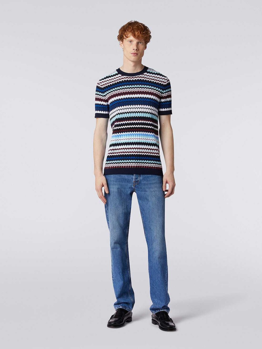 Uomini Missoni Polo E Magliette | T-Shirt In Maglia Di Cotone A Coste Zig Zag Multicolore