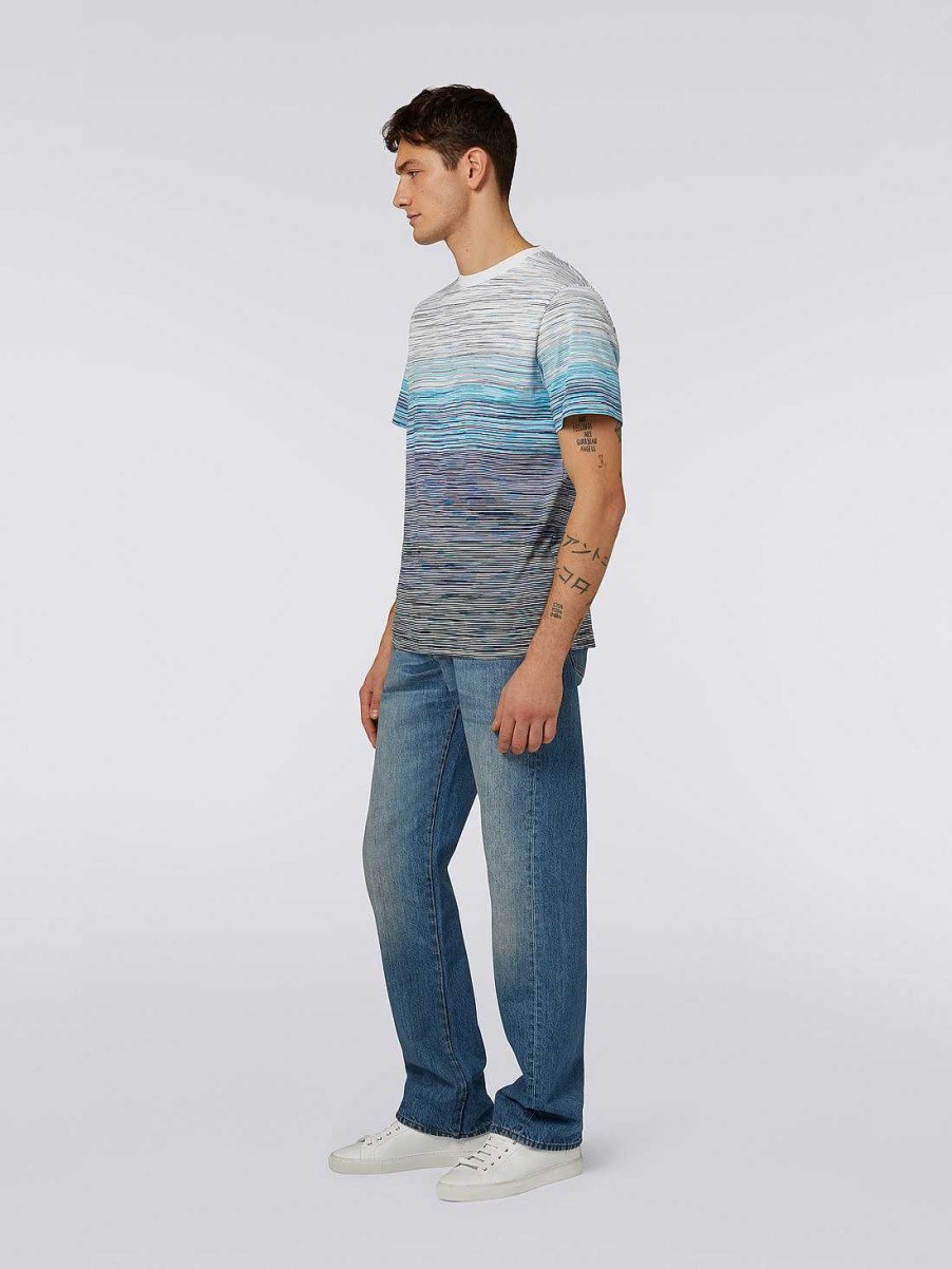 Uomini Missoni Polo E Magliette | T-Shirt Girocollo In Jersey Di Cotone Fiammato Azzurro Cielo, Azzurro E Blu