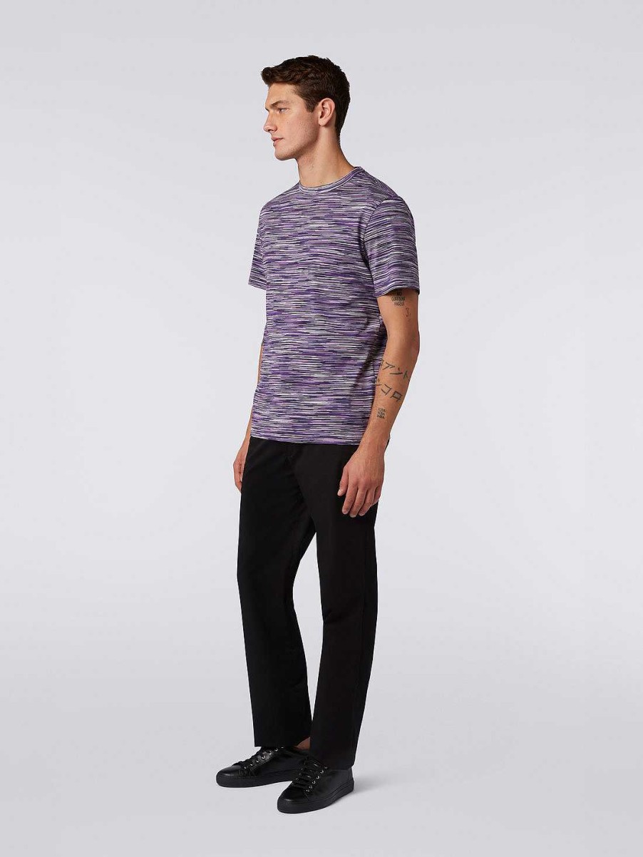 Uomini Missoni Polo E Magliette | T-Shirt Girocollo In Cotone Fiammato Bianco, Nero E Viola