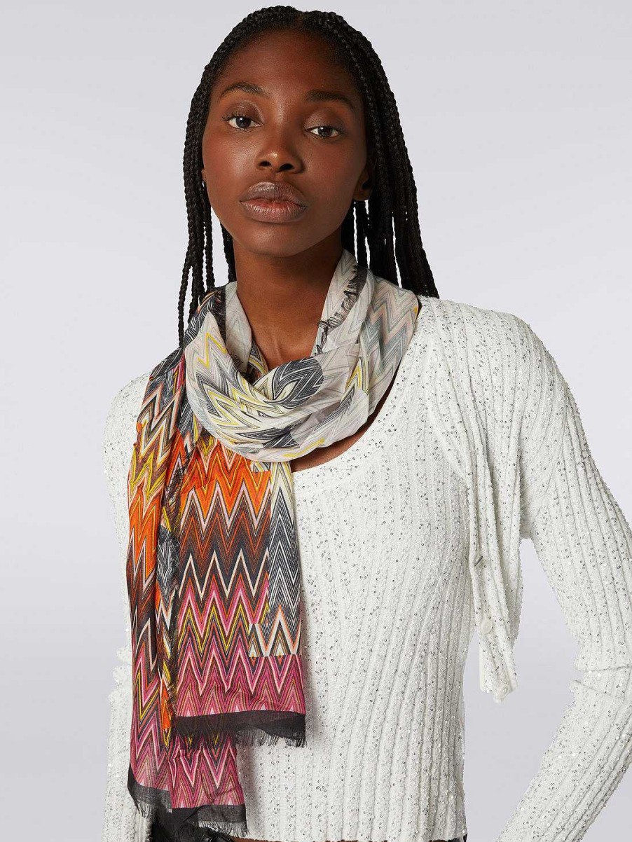 Donne Missoni Sciarpe E Foulard | Stola In Misto Seta Chevron Con Scritta Logo Multicolore