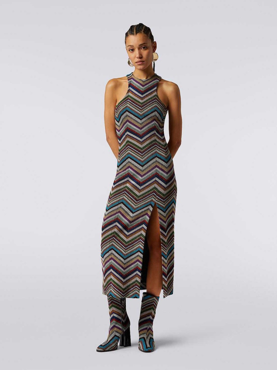 Donne Missoni Vestiti | Abito Con Scollo Americano In Misto Lana Lame A Zig Zag Multicolore