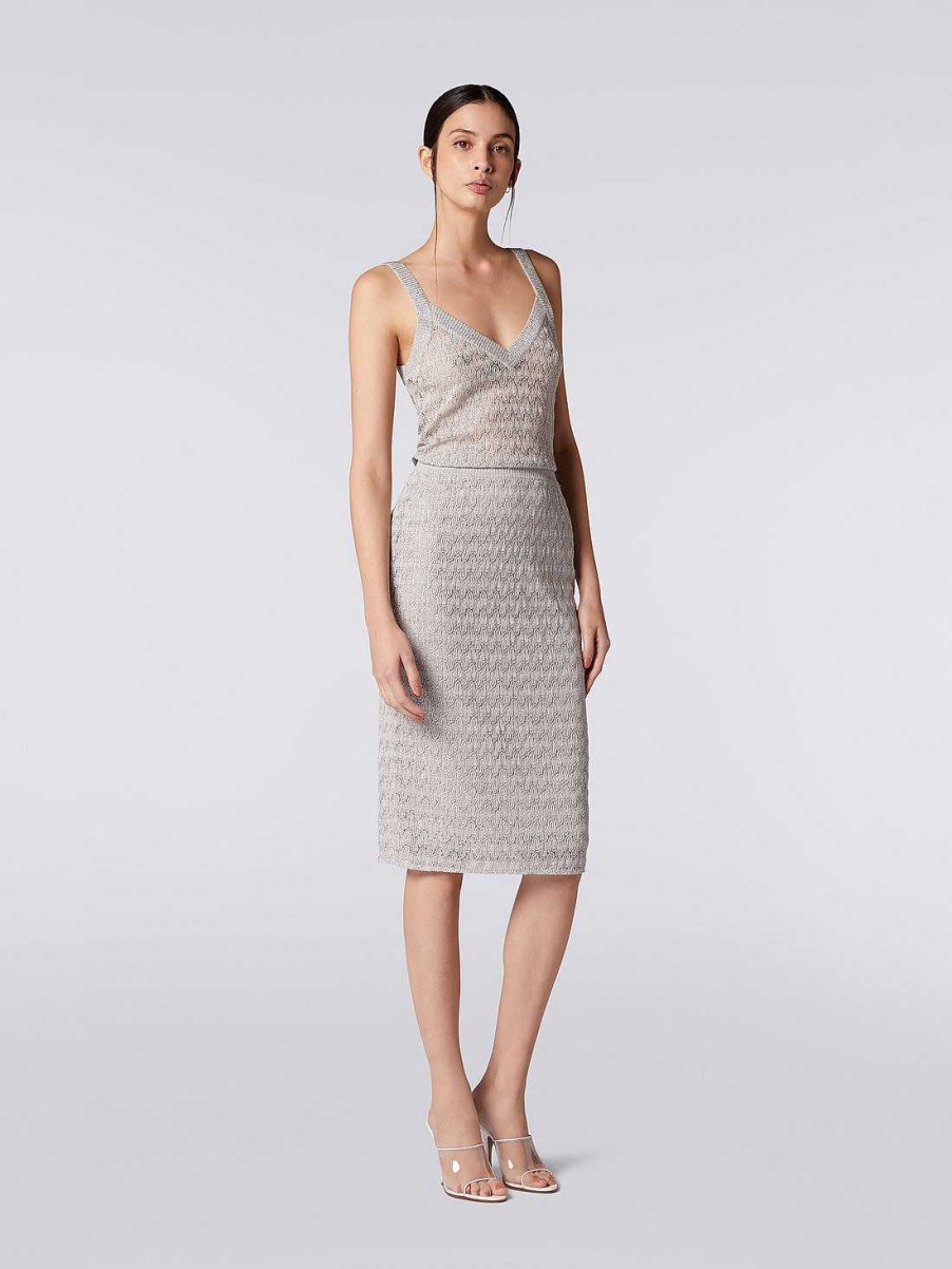 Donne Missoni Gonne | Gonna In Pizzo E Lame Con Lavorazione Raschel Lame Argento E Grigio