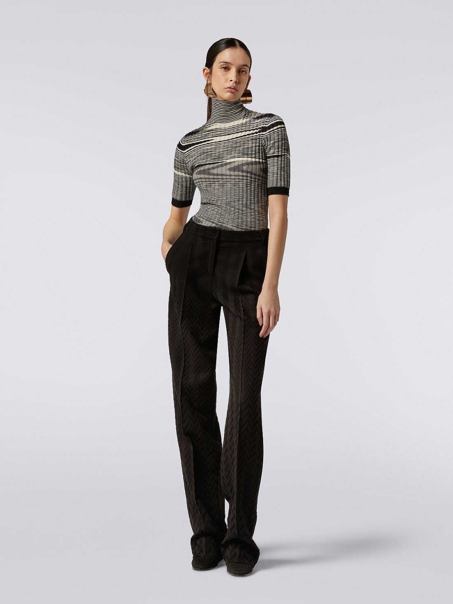 Donne Missoni T-Shirt E Top | Pullover A Collo Alto A Coste In Cashmere E Seta Nero Bianco