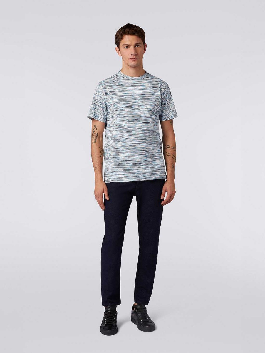 Uomini Missoni Polo E Magliette | T-Shirt Girocollo In Cotone Fiammato Bianco, Nero E Azzurro