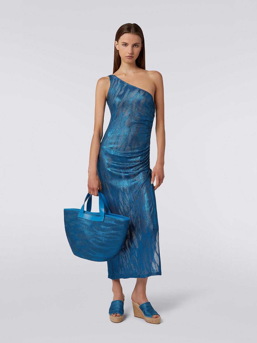 Donne Missoni Borse | Borsa Tote In Maglia Di Viscosa Jacquard Con Manici In Pelle Blu