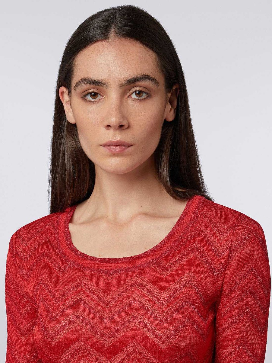 Donne Missoni Vestiti | Abito In Maglia Zigzag Tono Su Tono Con Lurex Rosso