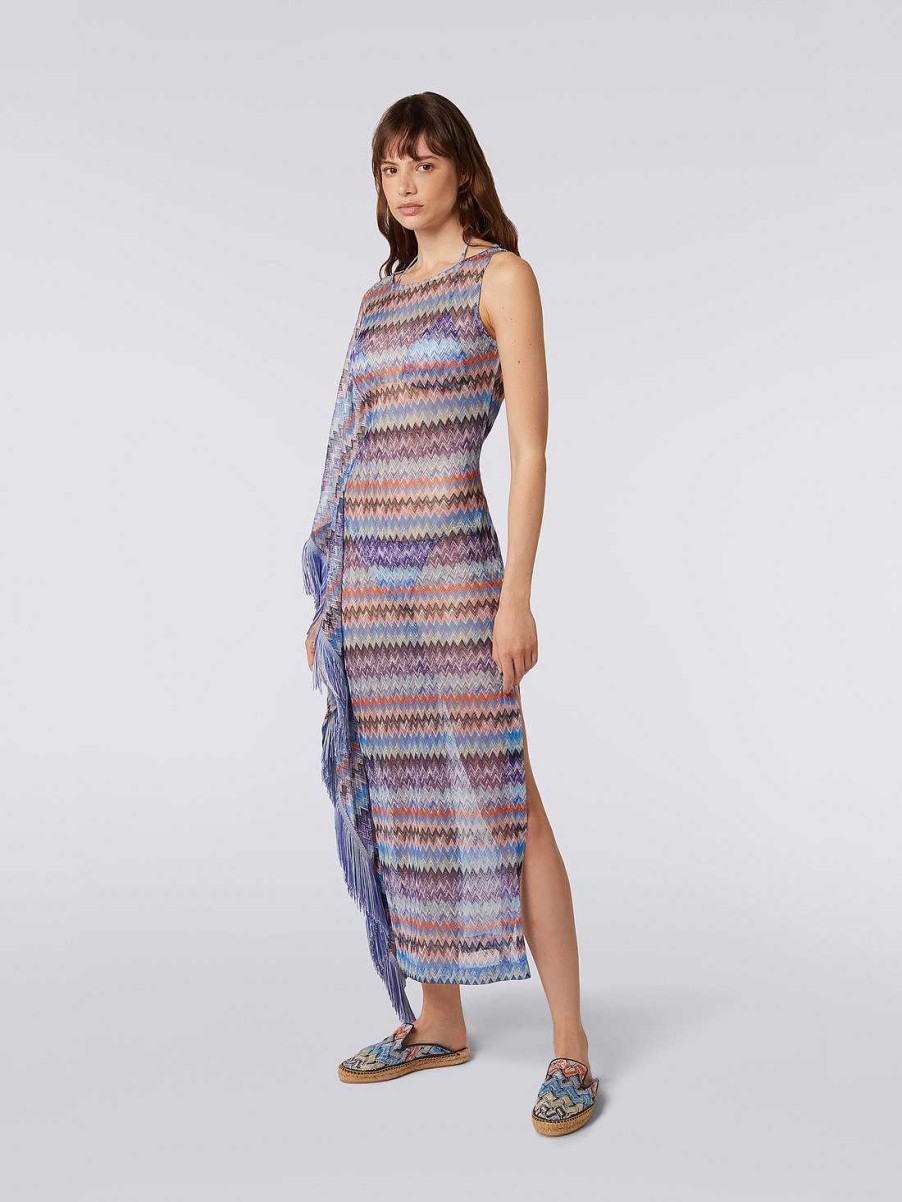 Donne Missoni Abbigliamento Da Spiaggia | Copricostume Lungo In Tulle Di Viscosa Chevron Con Nappine Chevron Ombra Blu