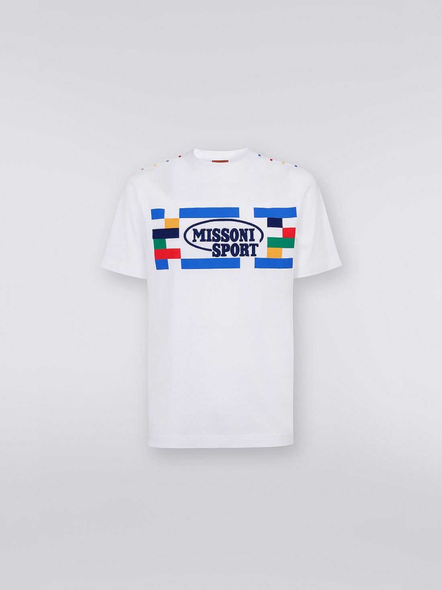 Uomini Missoni Vestiario | T-Shirt Girocollo In Cotone Con Stampa Ricamata Patrimonio Bianco E Multicolore