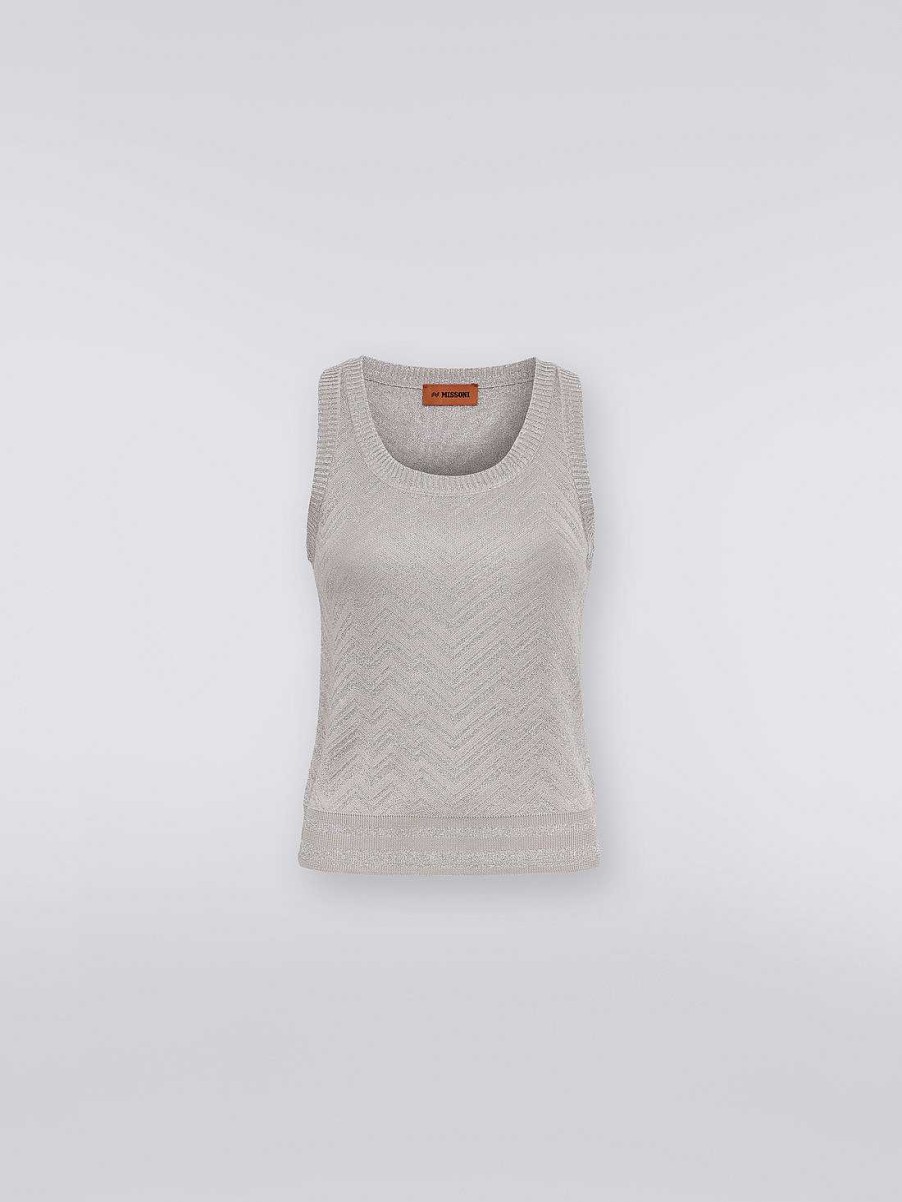 Donne Missoni T-Shirt E Top | Canotta In Misto Viscosa Con Chevron E Lame Tono Su Tono Argento