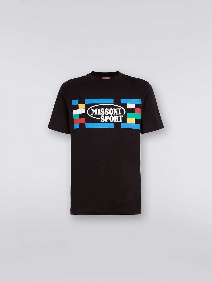 Uomini Missoni Vestiario | T-Shirt Girocollo In Cotone Con Stampa Ricamata Nero E Multicolore