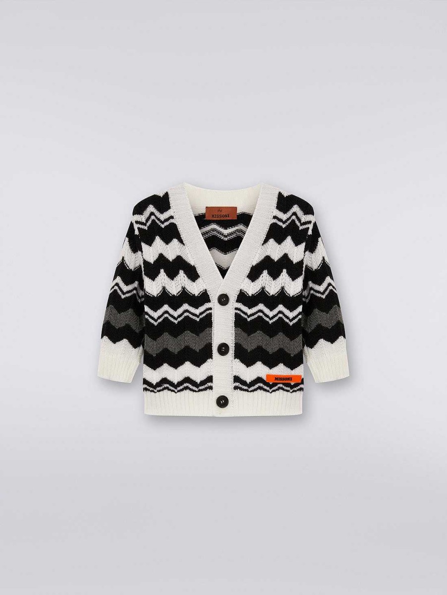 Ragazzo (4-14 Anni) Missoni | Cardigan Corto In Lana Con Zig Zag Nero Bianco