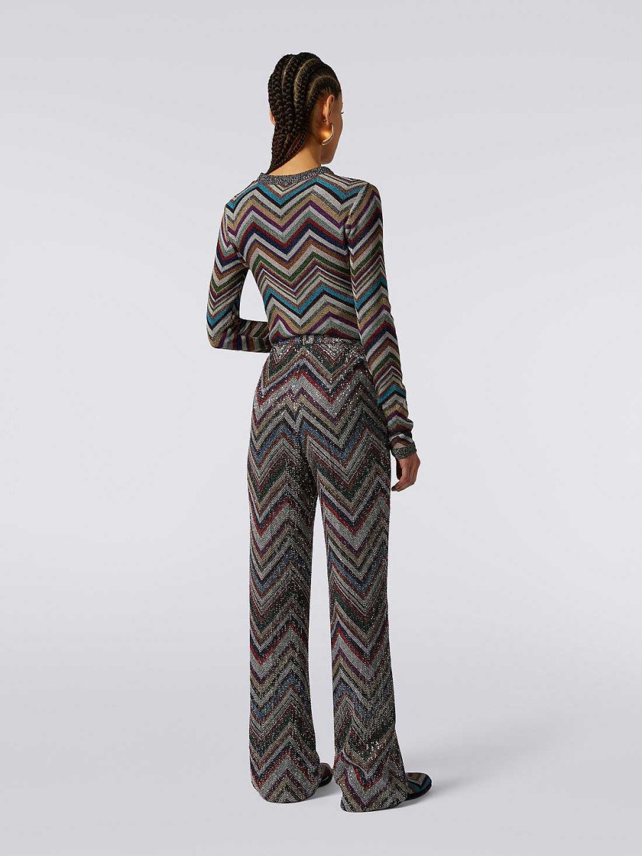 Donne Missoni Pantaloni | Pantaloni In Misto Viscosa A Zig Zag Con Paillettes Multicolore