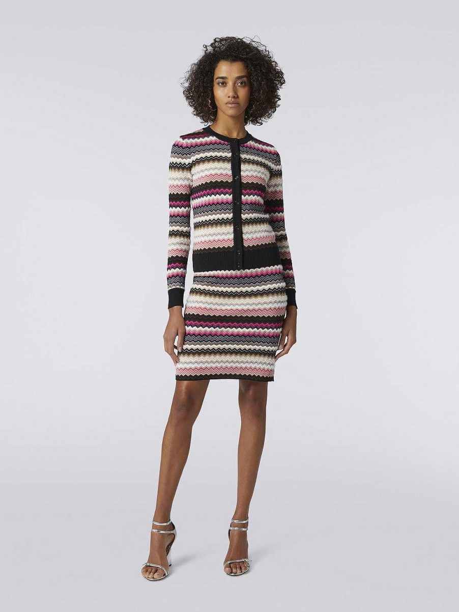 Donne Missoni Maglieria | Cardigan Girocollo In Maglia Di Lana E Cotone A Zig Zag Multicolore