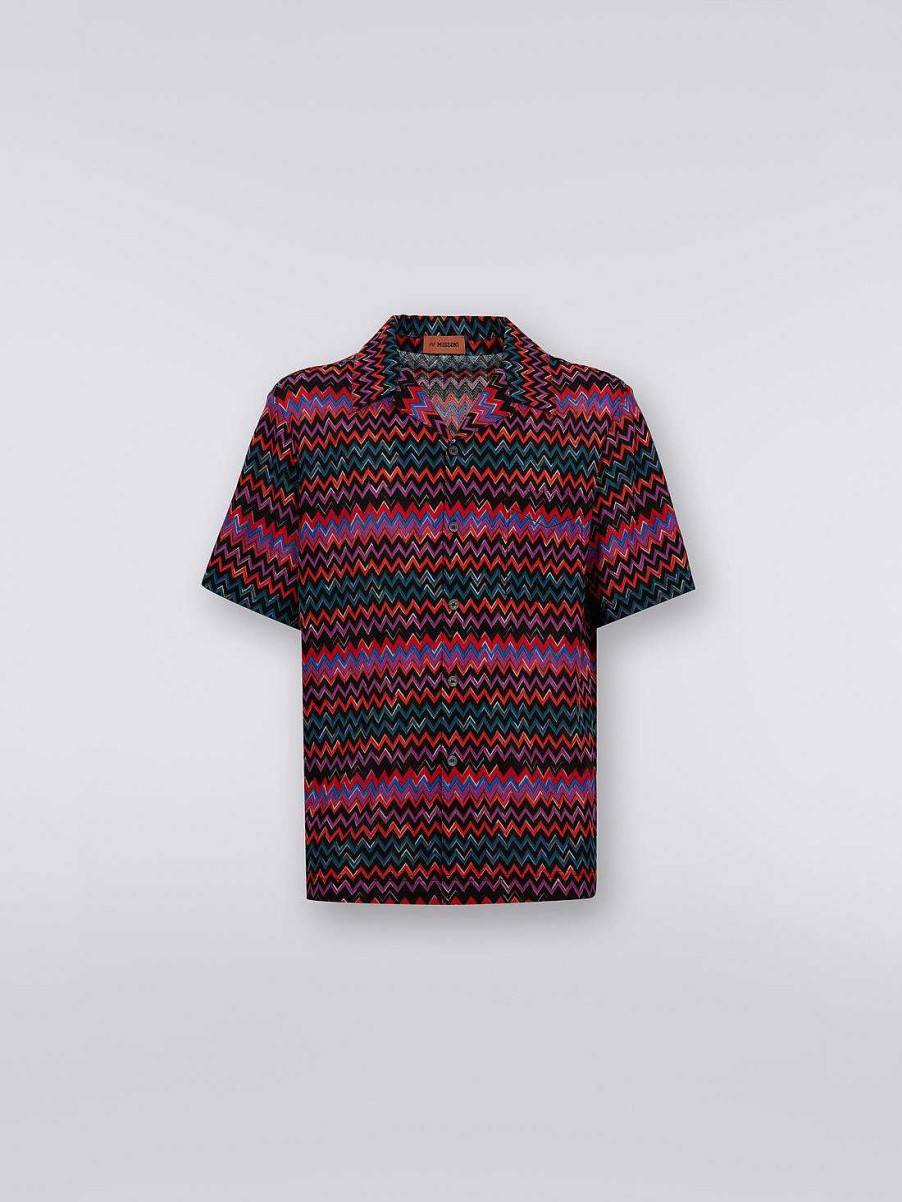 Uomini Missoni Camicie | Maglia Bowling A Maniche Corte In Cotone E Viscosa Zig Zag Nero