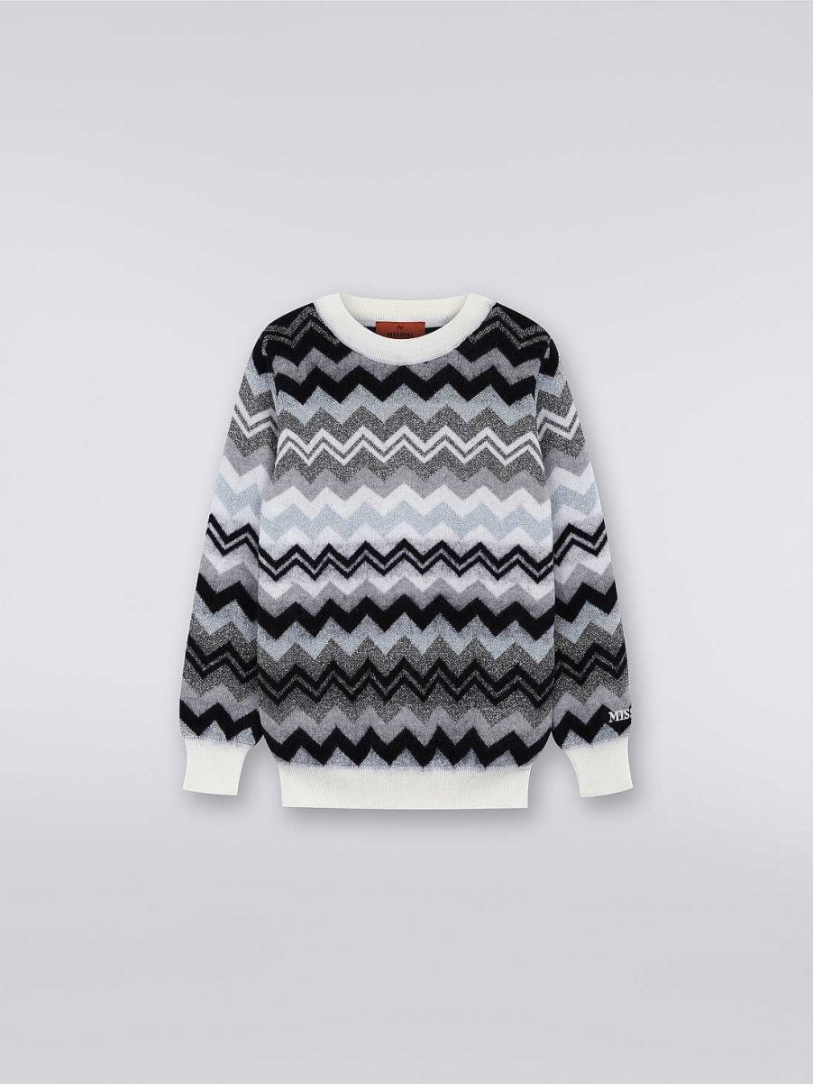 Ragazza (4-14 Anni) Missoni | Pullover Girocollo In Lana A Zig Zag Nero Bianco