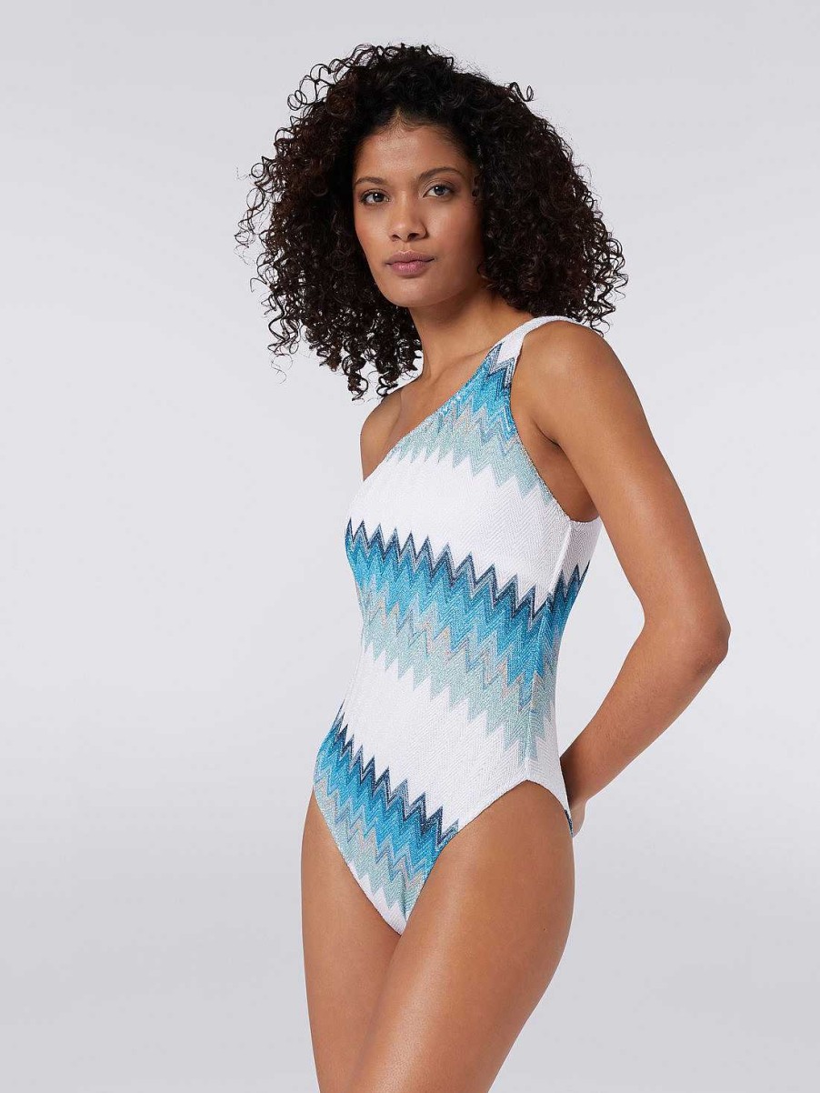 Donne Missoni Costumi Da Bagno | Costume Intero Monospalla Chevron Con Lame Bianco, Blu E Azzurro