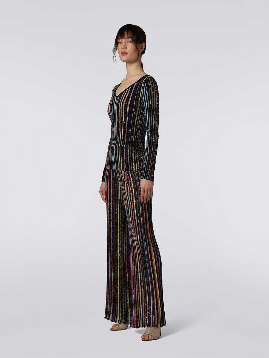 Donne Missoni Maglieria | Maglia A Maniche Lunghe A Coste Con Paillettes Nero E Multicolore