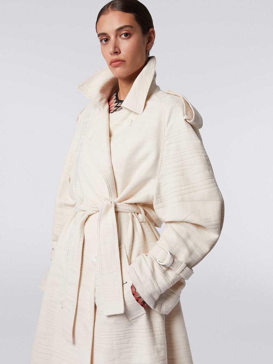 Donne Missoni Cappotti E Giacche | Trench In Tela Di Cotone Fiammato Jacquard Beige