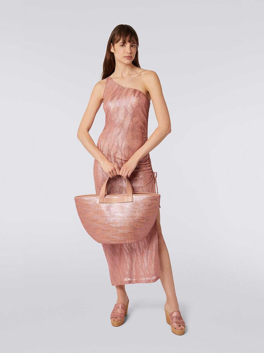 Donne Missoni Borse | Borsa Tote In Maglia Di Viscosa Jacquard Con Manici In Pelle Rosa