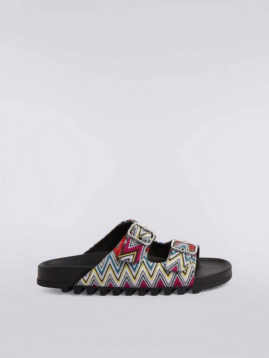 Uomini Missoni Scarpe | Sandali Con Doppio Cinturino In Tessuto Fiammato Multicolore