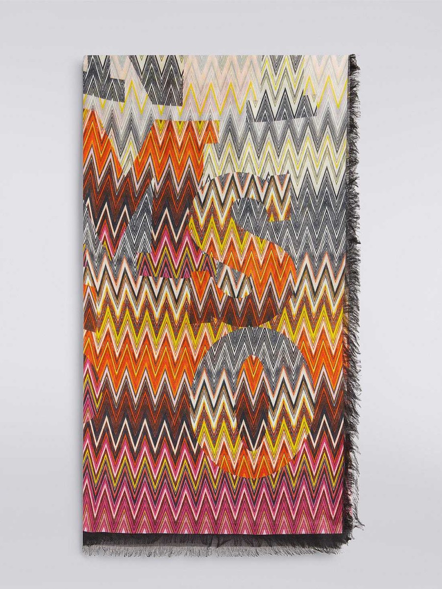 Donne Missoni Sciarpe E Foulard | Stola In Misto Seta Chevron Con Scritta Logo Multicolore